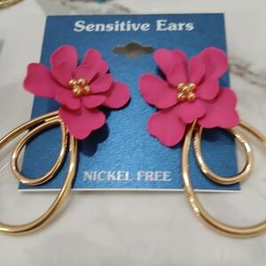 FUSCHIA FLORAL Oval Gold Tone Earrings By Sensative Ears Nickle Free